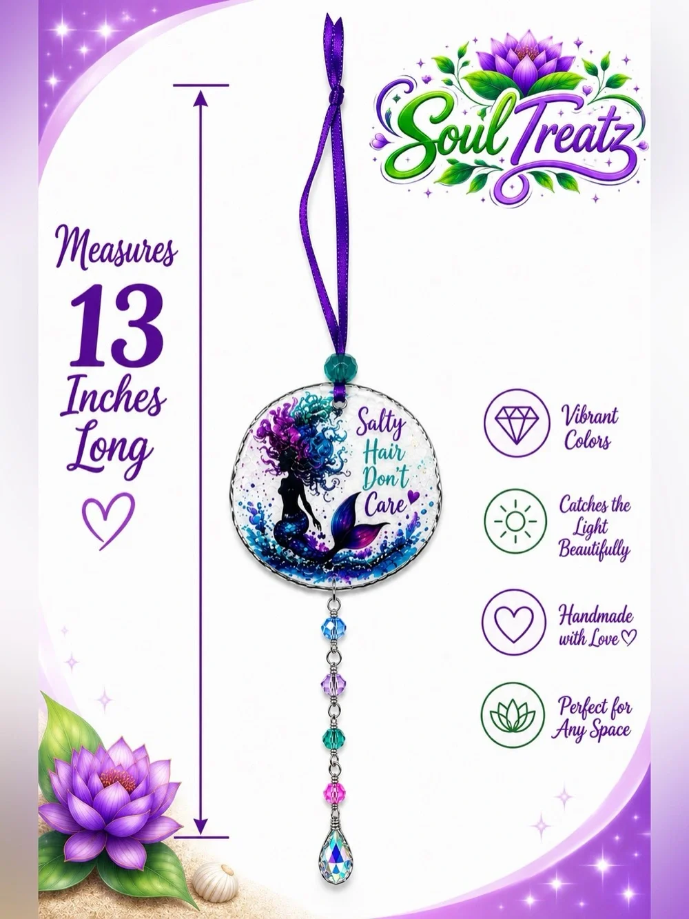 Decoupage Mermaid Crystal Sun Catcher — Purple & Teal Decorative Wall Hanging